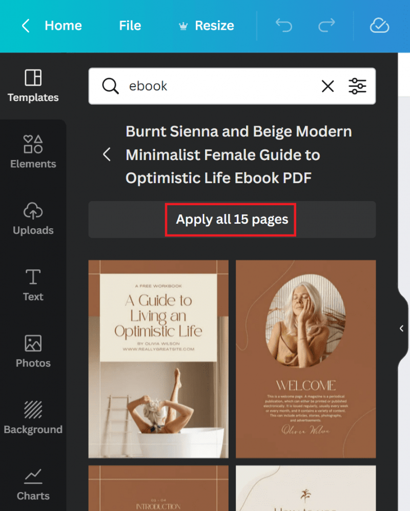 7. Apply all pages - How to create an ebook in Canva