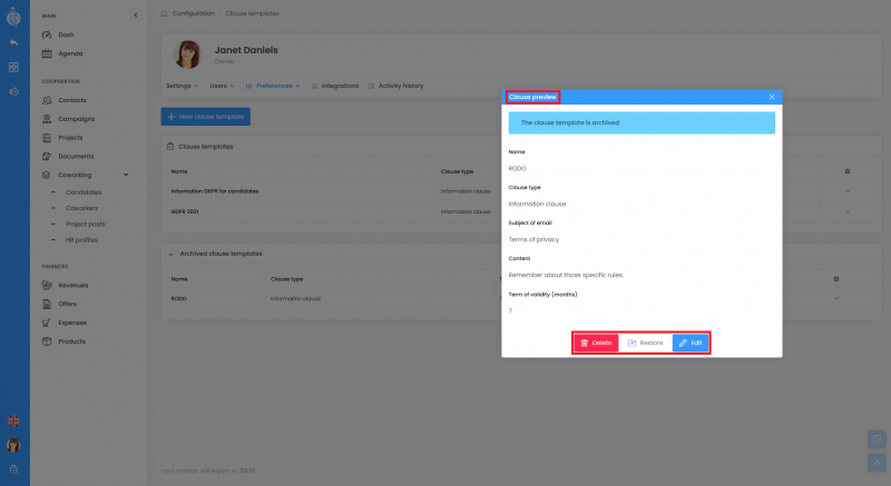 Clause templates - configuration Clause details